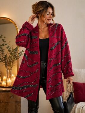 Burgundy Sparkle Statement Cardigan XL Y2K Glitter Zebra Open Front Duster